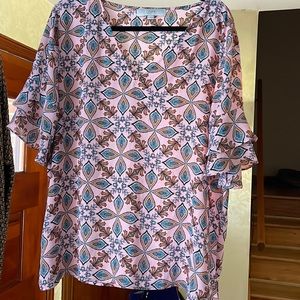 Primarily pink, patterned loft, extra large blouse, double ruffle sleeve